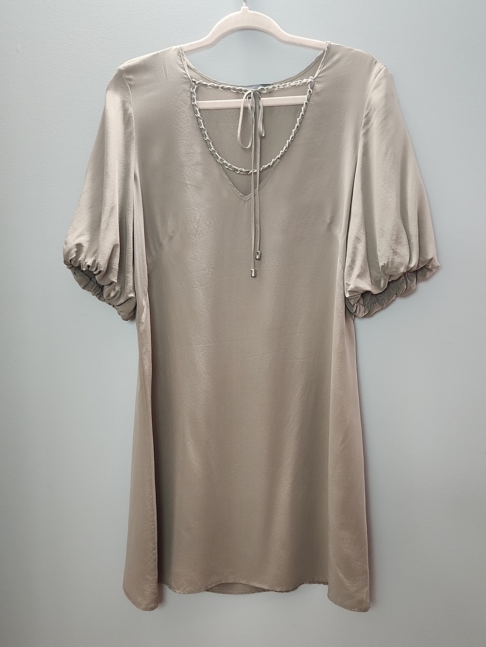 ARMANI EXCHANGE 100% Satin Taupe puff sleeve v-neck Mini Dress